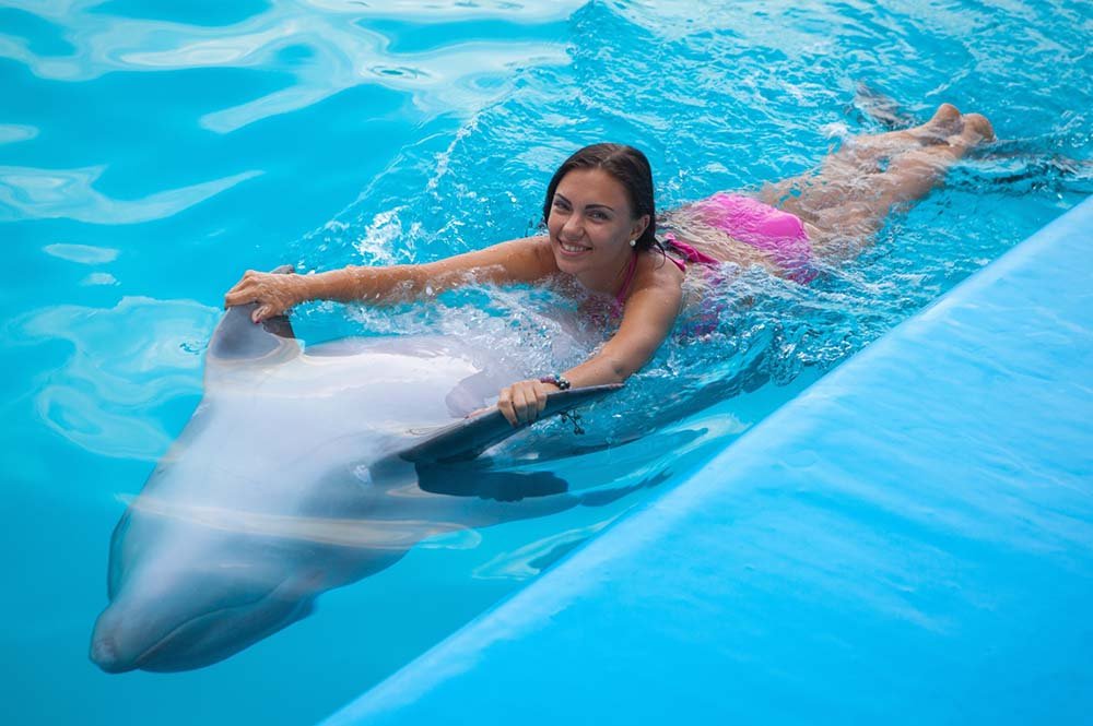 Girl swimming with dolphin at Dubai Dolphinarium