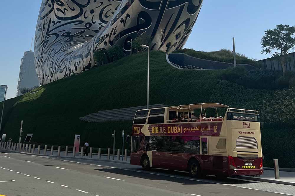 Big Bus passing through Museum of the Future Dubai